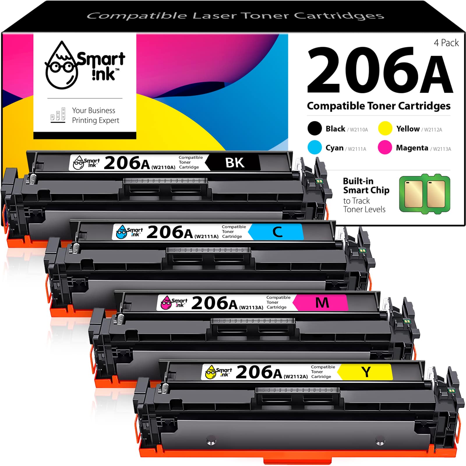 Compatible HP 206А Toner Cartridge Replacement (4 Combo Pack), Smart Ink