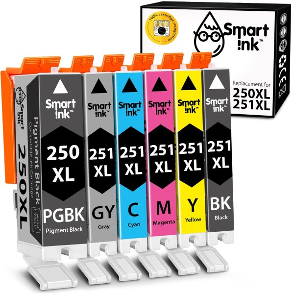 Compatible Ink Cartridge Replacement for Canon 250, 251 XL (6 pack), Smart Ink