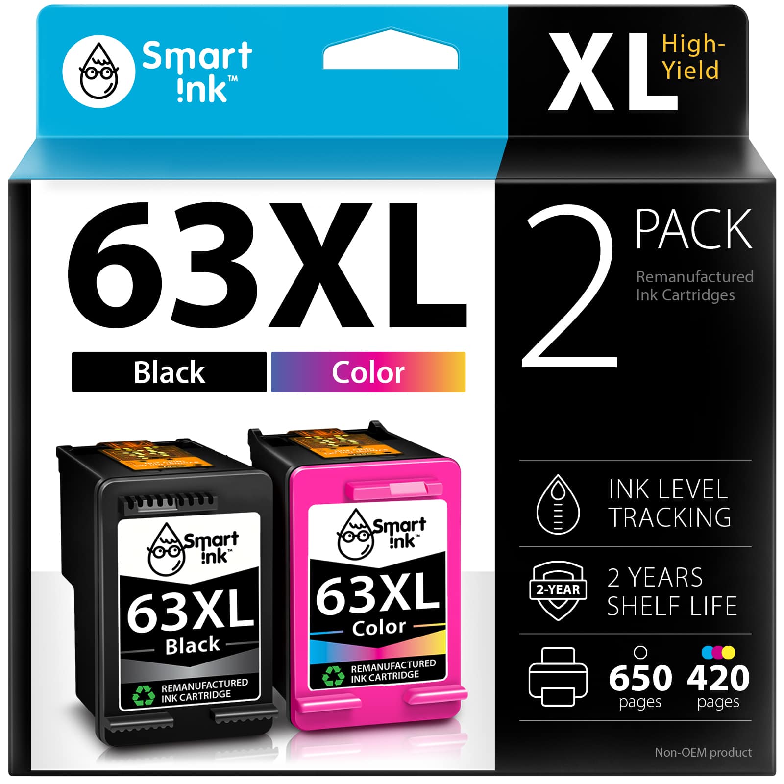 Remanufactured HP 63 XL 2 pack Smart Ink
